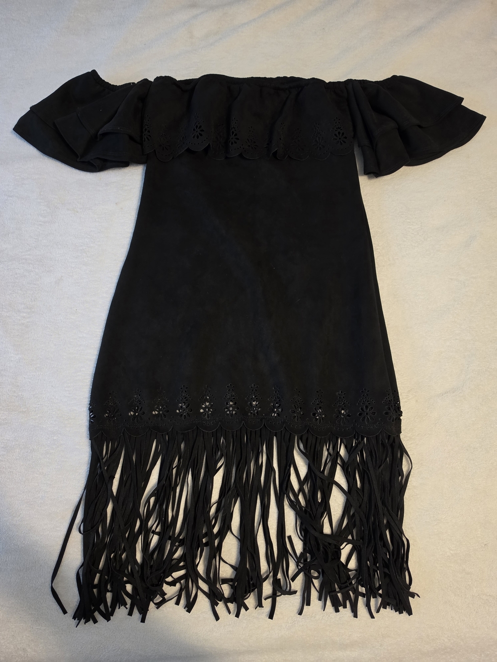 Off-Shoulder Black Fringe Mini Dress